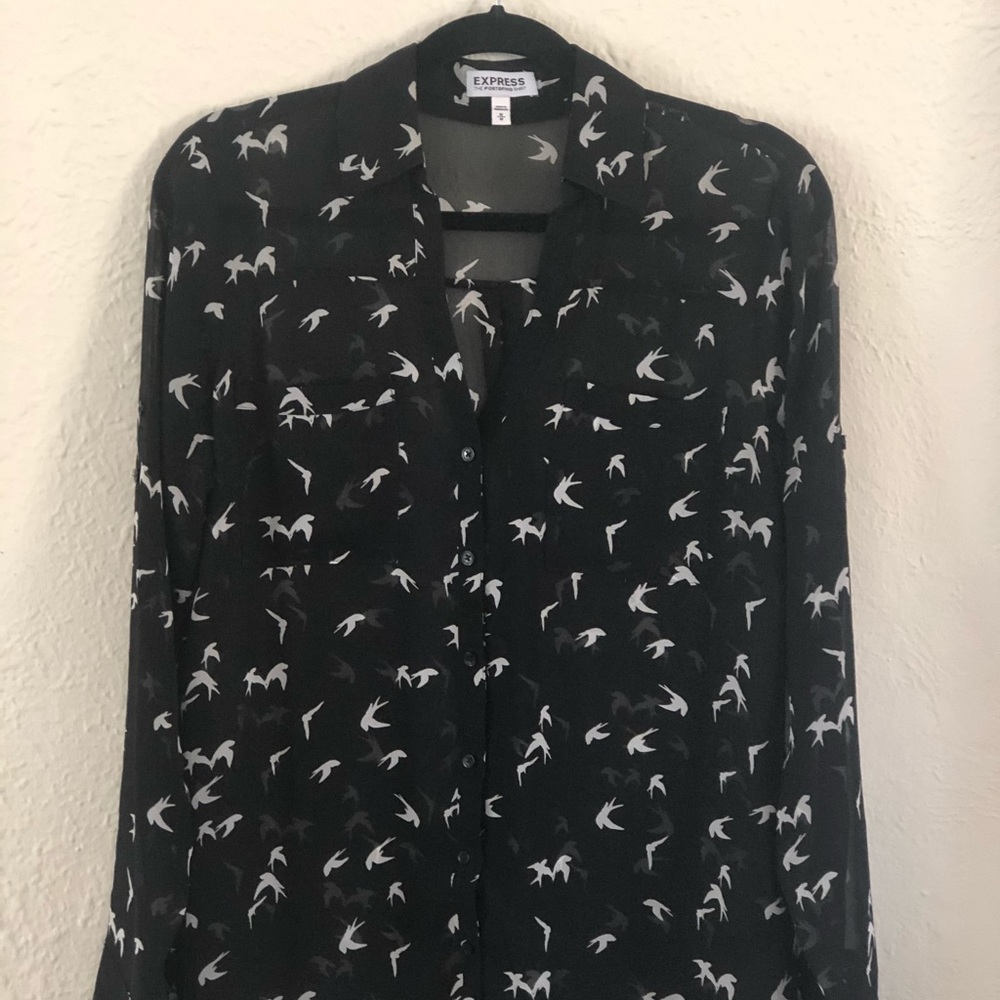 Express Portofino Black Bird Print Top